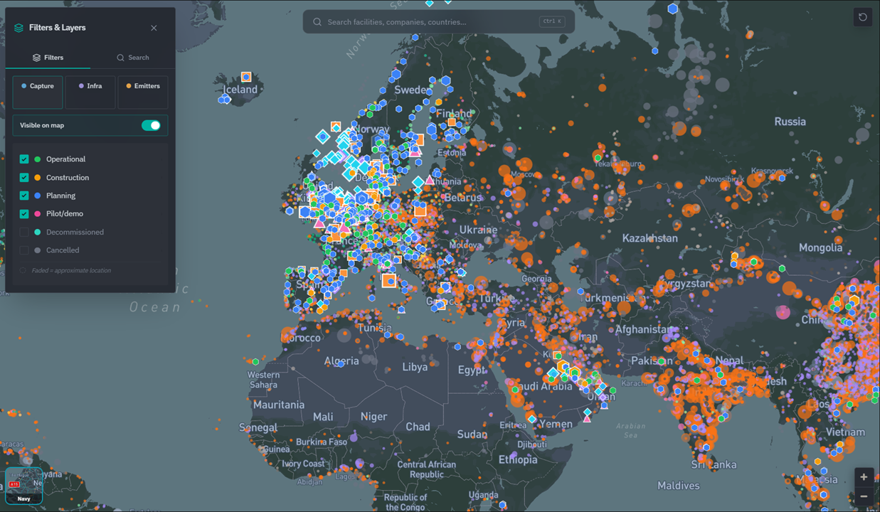 Global CCS Map showing capture, infrastructure and emitter layers with filters.