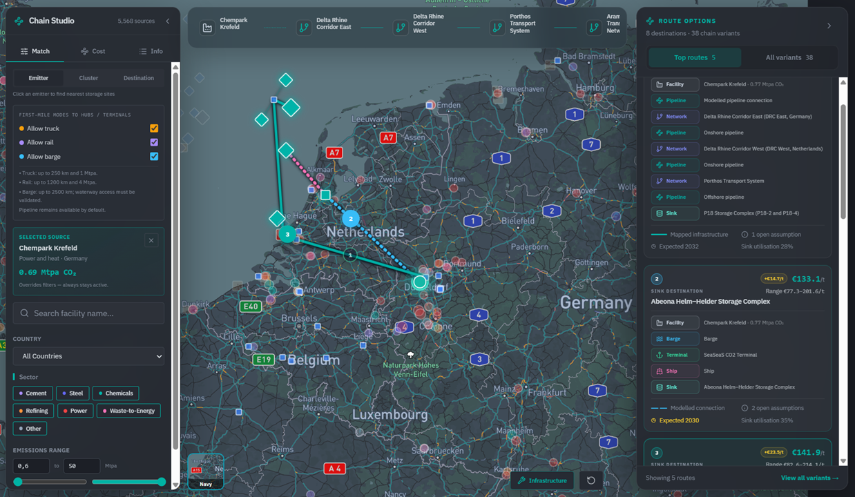 Chain Studio comparing multimodal CO₂ transport routes and indicative costs.